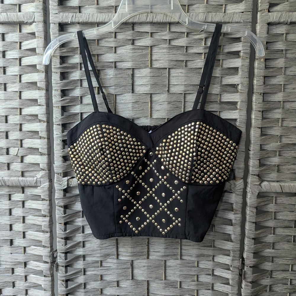 Bustier Crop Top Black Gold Studded Sleeveless Sz M Night Out Y2K Whimsigoth